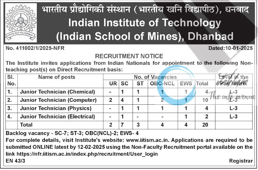 IIT-ISM Dhanbad Non-Teaching Recruitment Advertisement Notice No 411002/1/2025-NFR