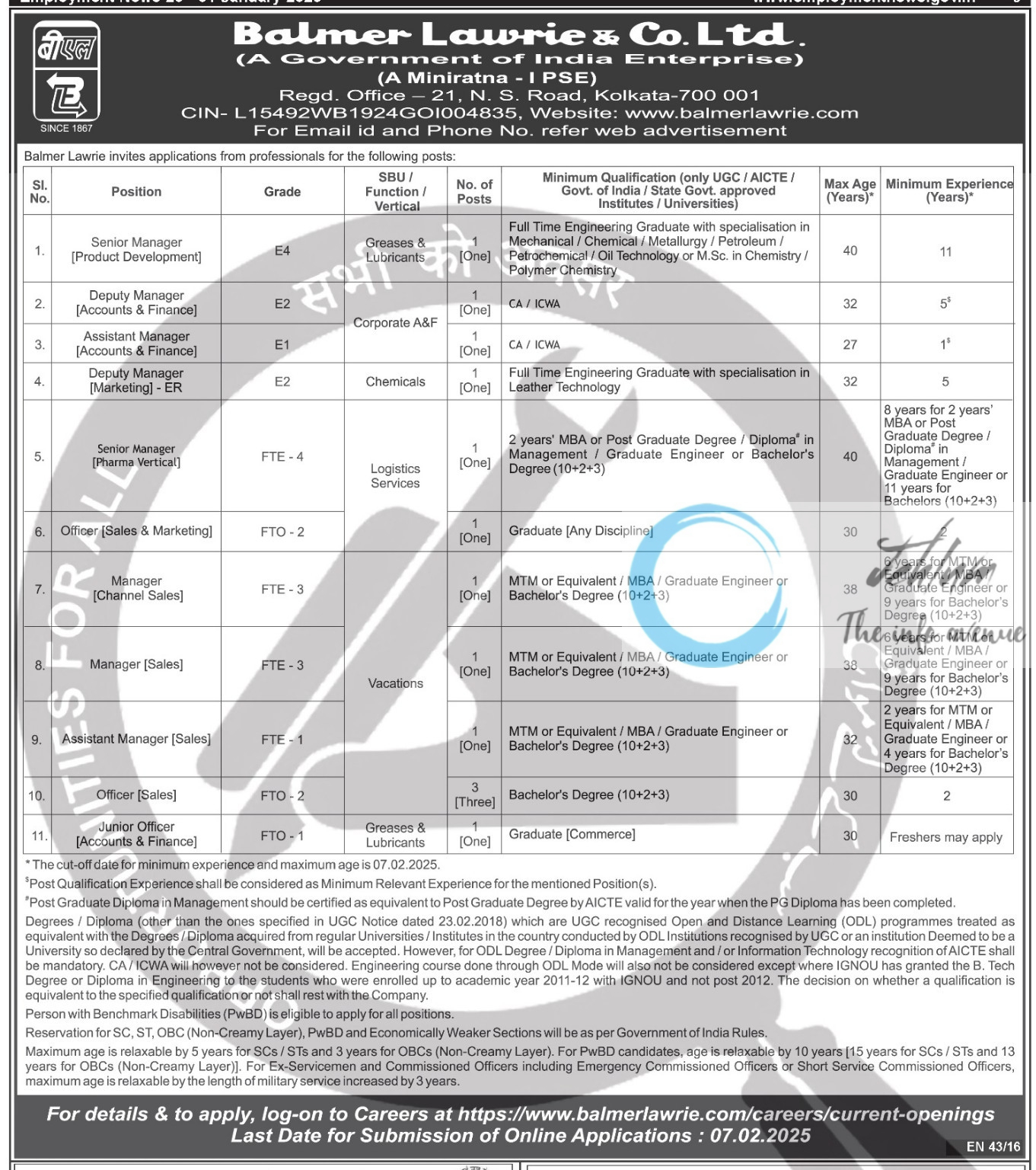 Balmer Lawrie and Co Ltd Recruitment Advertisement Notice 2025