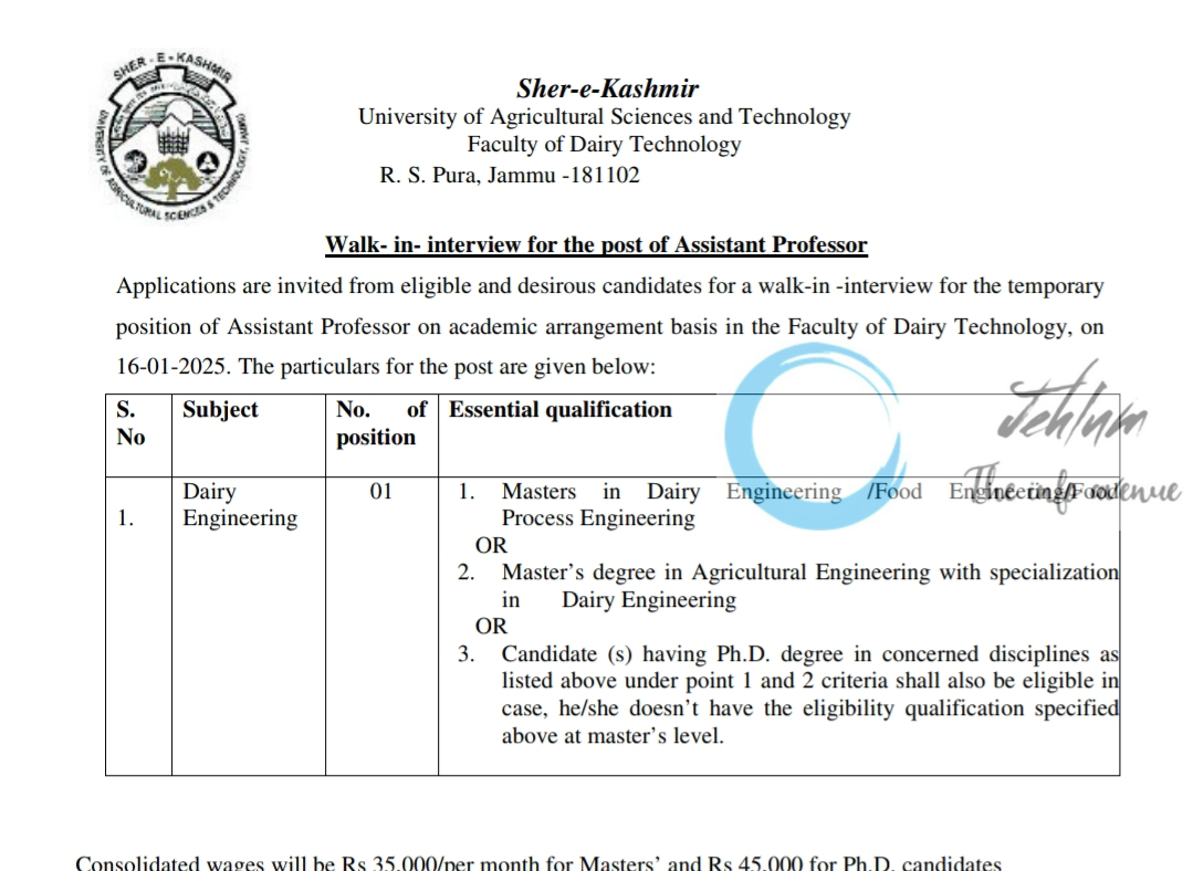 SKUAST Jammu Faculty of Dairy Technology Assistant Professor Walk-in-interview Advertisement Notice 2025