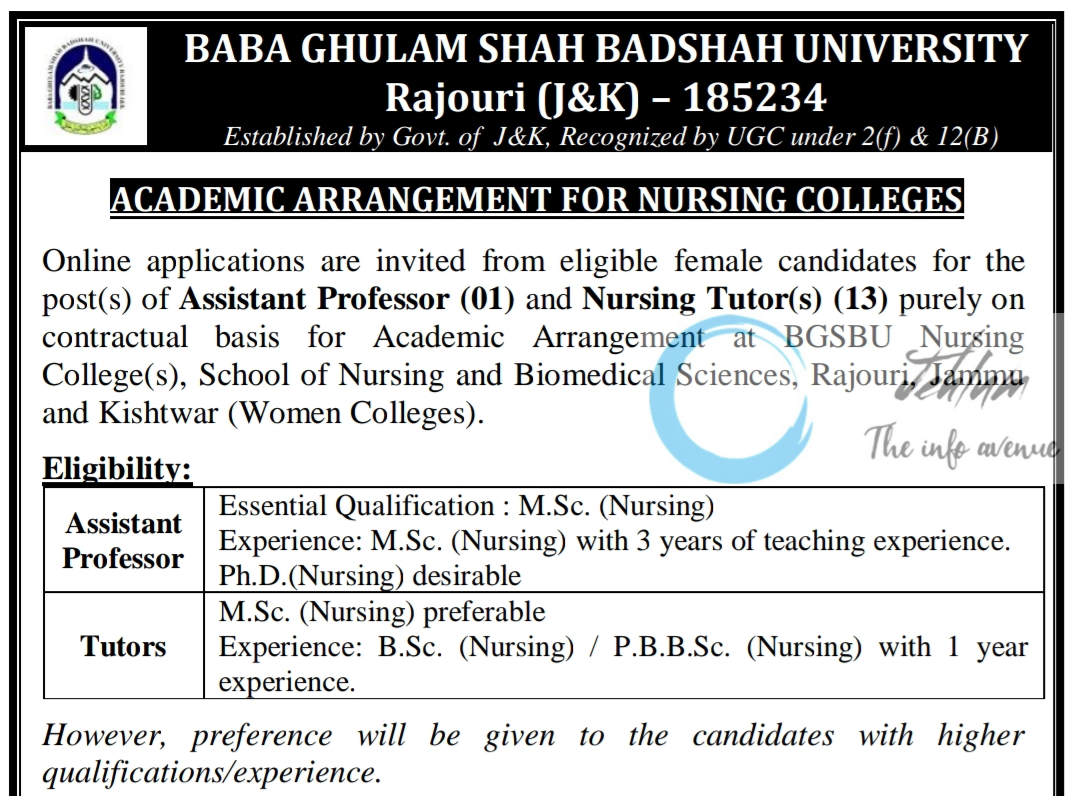 BGSBU RAJOURI ACADEMIC ARRANGEMENT FOR NURSING COLLEGES ADVERTISEMENT NOTICE NO BGSBU/DAA/25/01