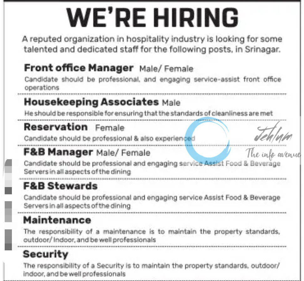 NAMROSE RESORTS AND SPA SRINAGAR JOBS OPENINGS 2025