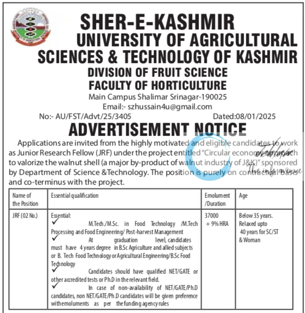 SKUAST KASHMIR DIVISION OF FRUIT SCIENCE FACULTY OF HORTICULTURE JRF ADVERTISEMENT NOTICE NO AU/FST/Advt/25/3405