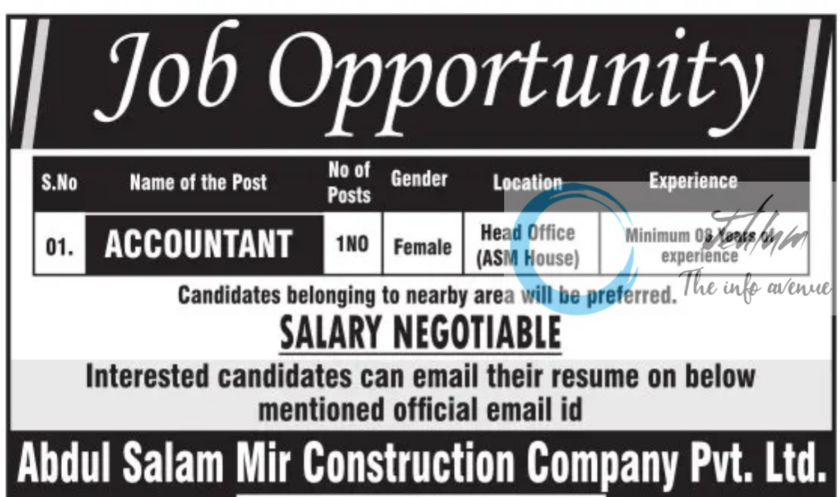 Abdul Salam Mir Construction Company Srinagar Accounting Jobs 2025