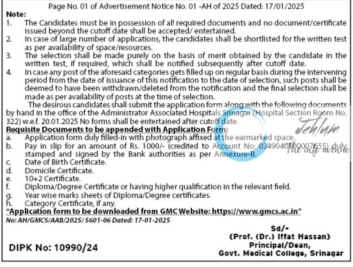 GMC SRINAGAR ADVERTISEMENT NOTICE NO 01 AH OF 2025