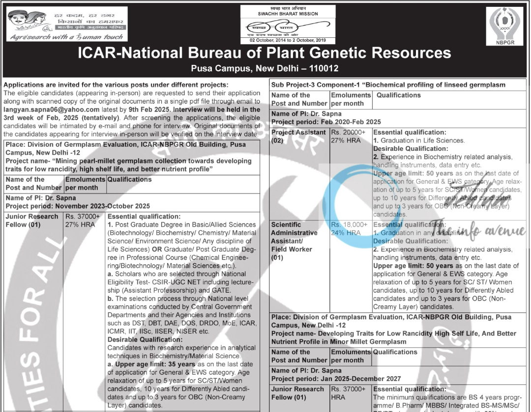 ICAR-National Bureau of Plant Genetic Resources Division of Germplasm Evaluation Scientific Administrative Assistant/Project Assistant /JRF Recruitment Advertisement Notice 2025