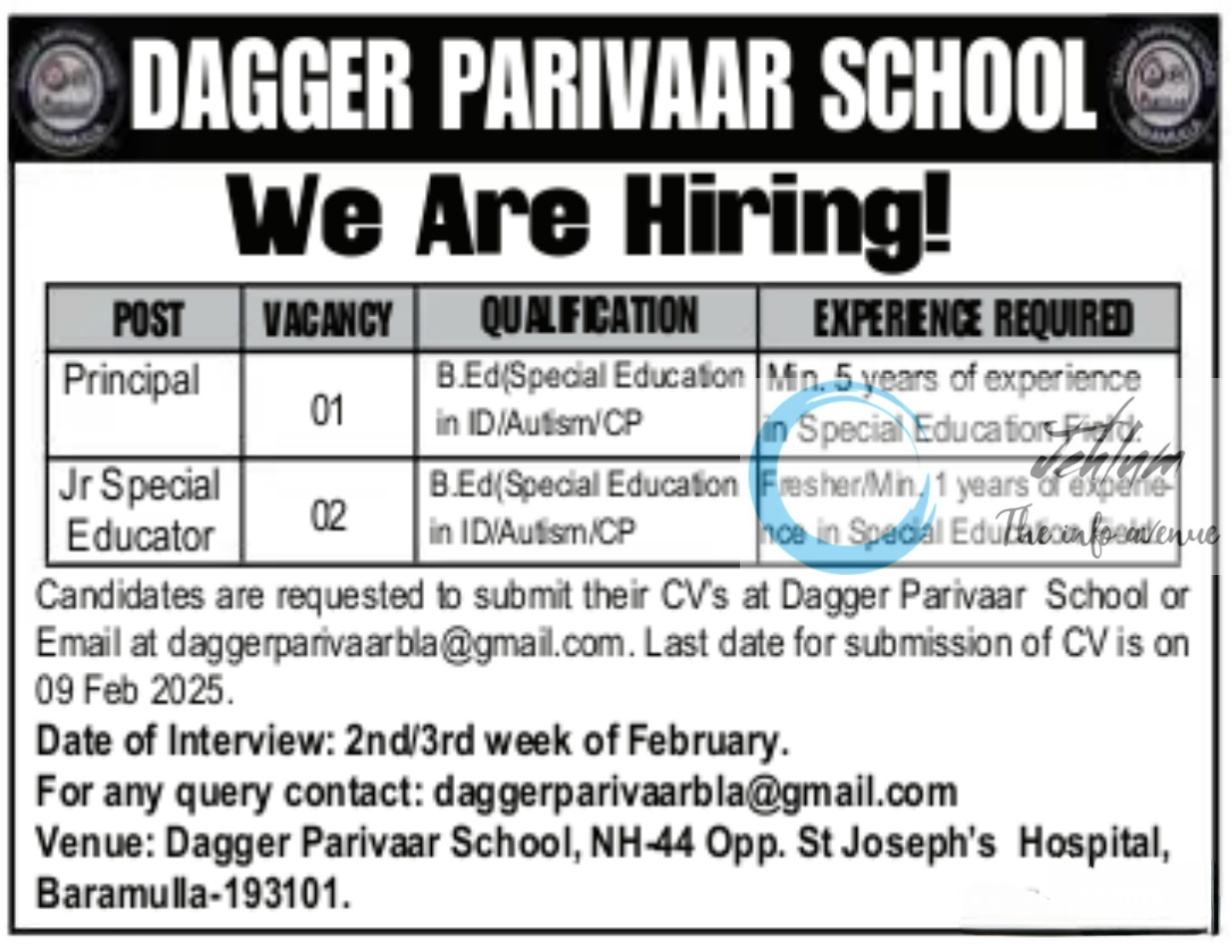 DAGGER PARIVAAR SCHOOL BARAMULLA JOBS ADVERTISEMENT 2025