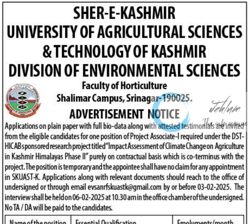 SKUAST KASHMIR DIVISION OF ENVIRONMENTAL SCIENCES Project Associate Advertisement Notice 2025