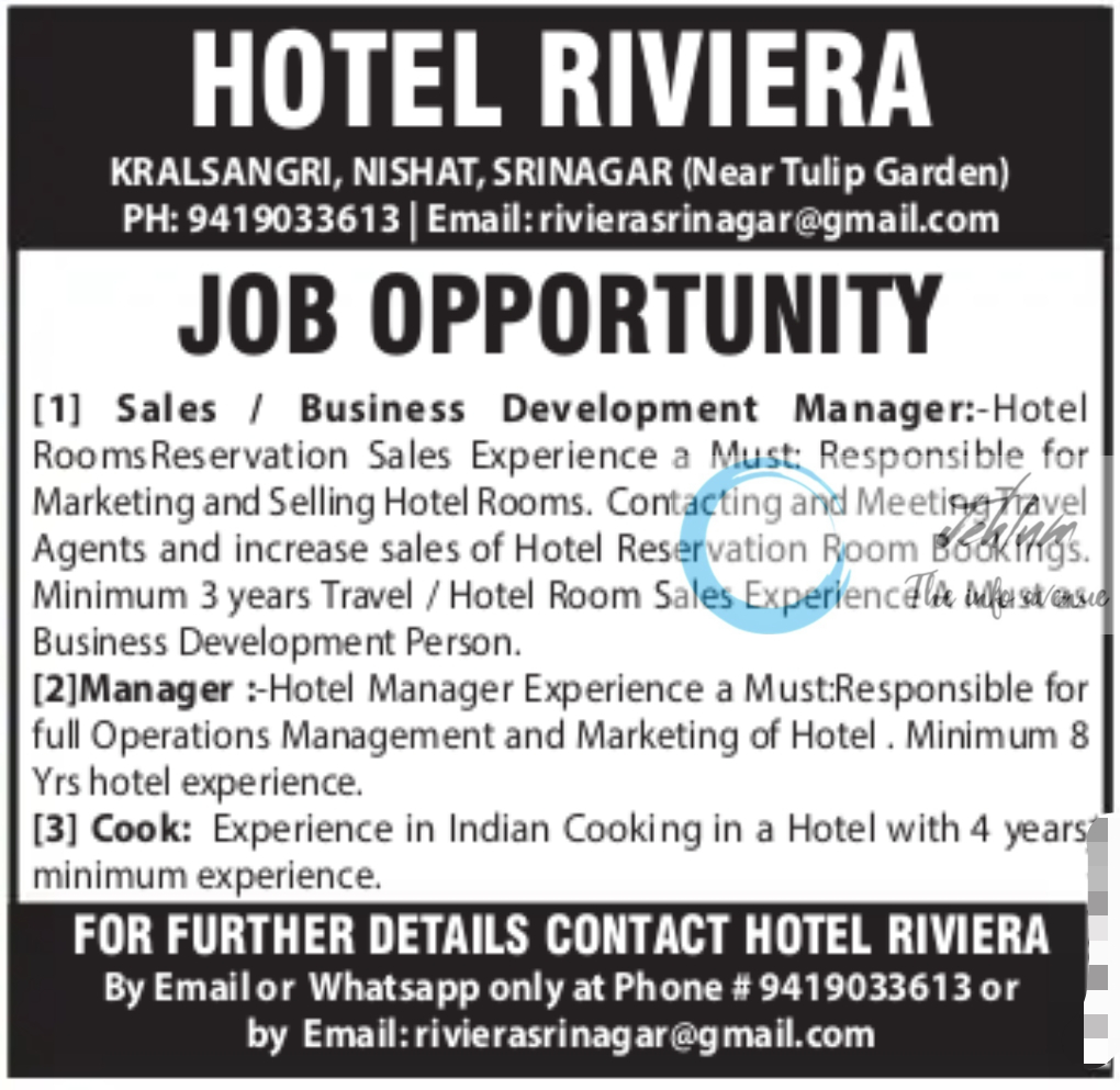 HOTEL RIVIERA SRINAGAR JOBS OPPORTUNITY 2024