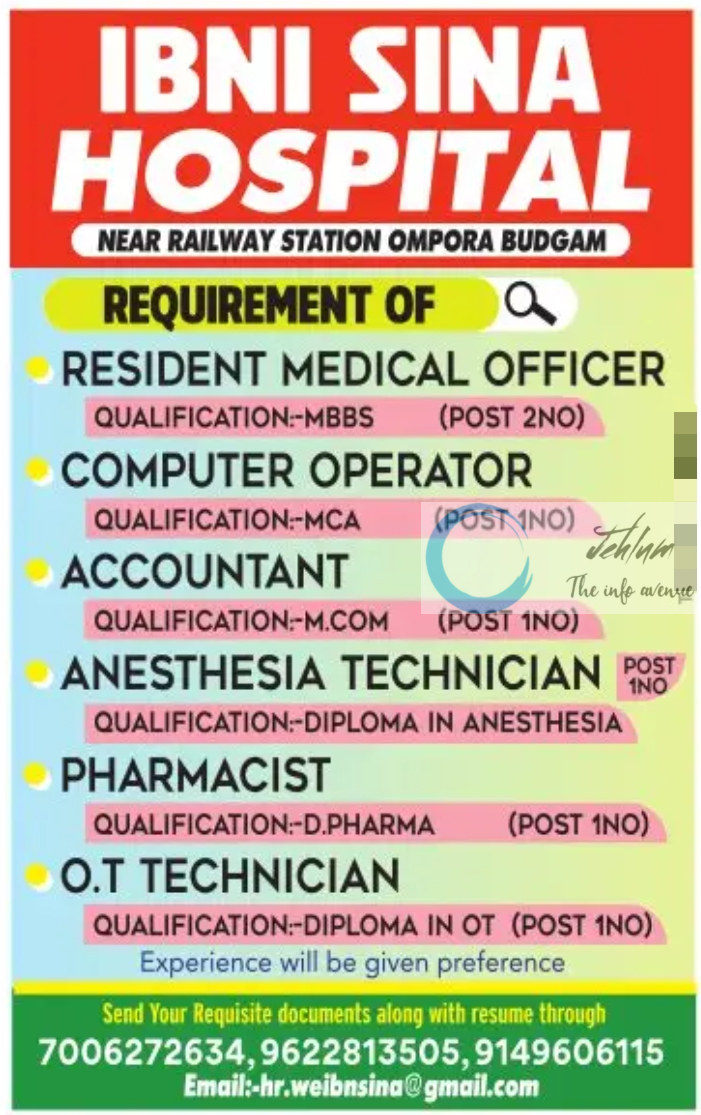 IBNI SINA HOSPITAL BUDGAM JOBS ADVERTISEMENT 2025