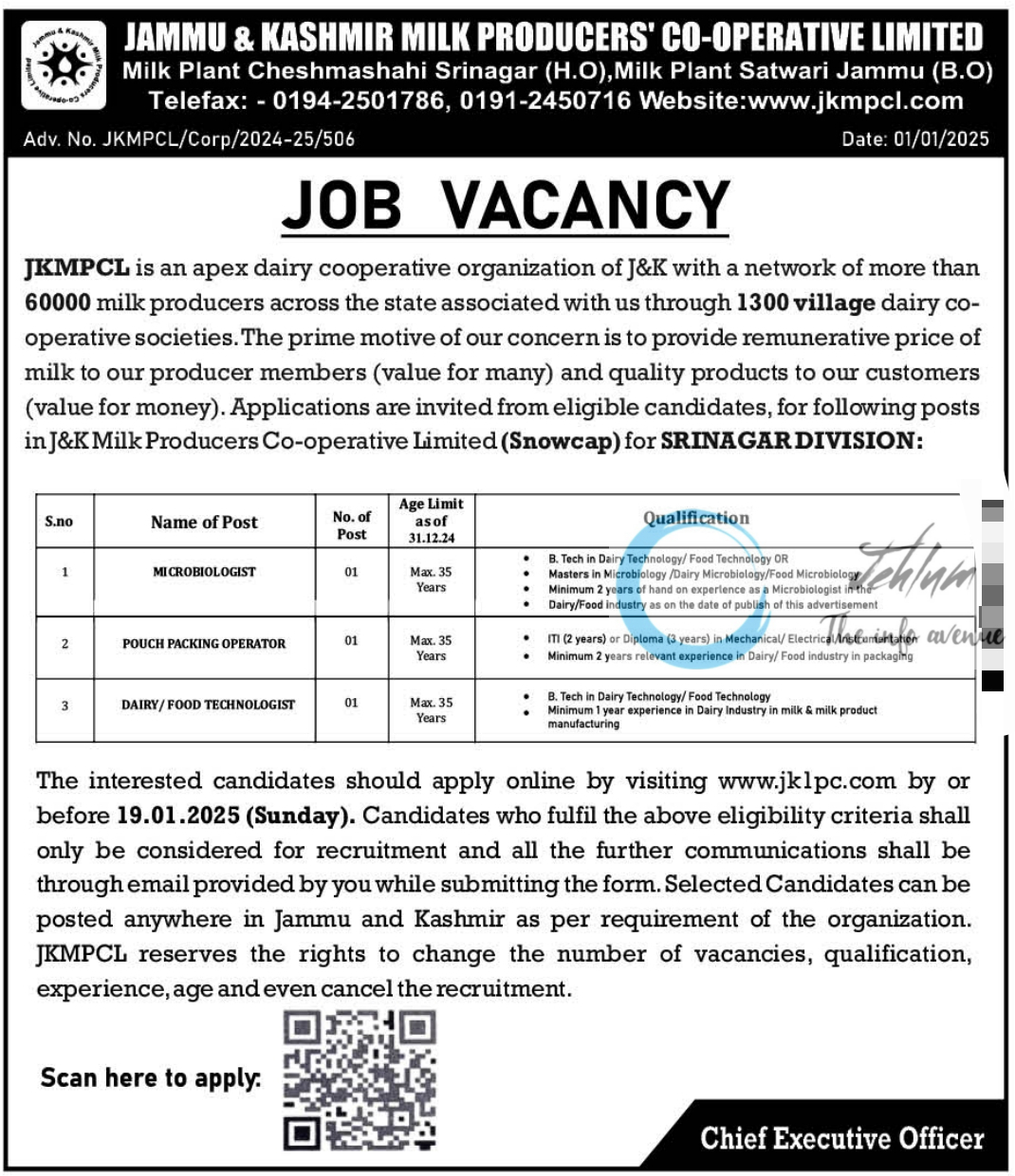 JAMMU & KASHMIR MILK PRODUCERS' CO-OPERATIVE LIMITED JOBS ADVERTISEMENT NO JKMPCL/Corp/2024-25/506