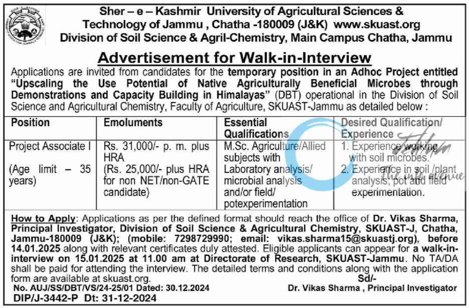 SKUAST Jammu Division of Soil Science & Agril-Chemistry Walk-in-Interview Advertisement Notice No AUJ/SS/DBT/VS/24-25/01