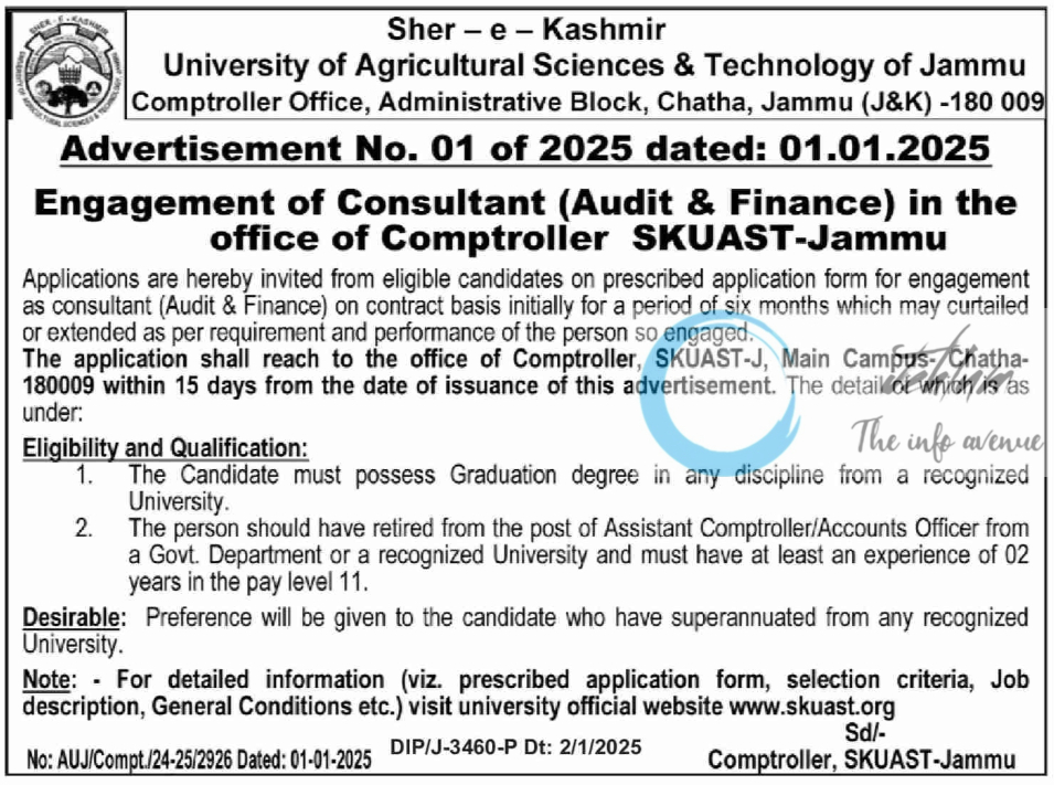 SKUAST Jammu Audit/Finance Consultant Recruitment Advertisement No 01 of 2025