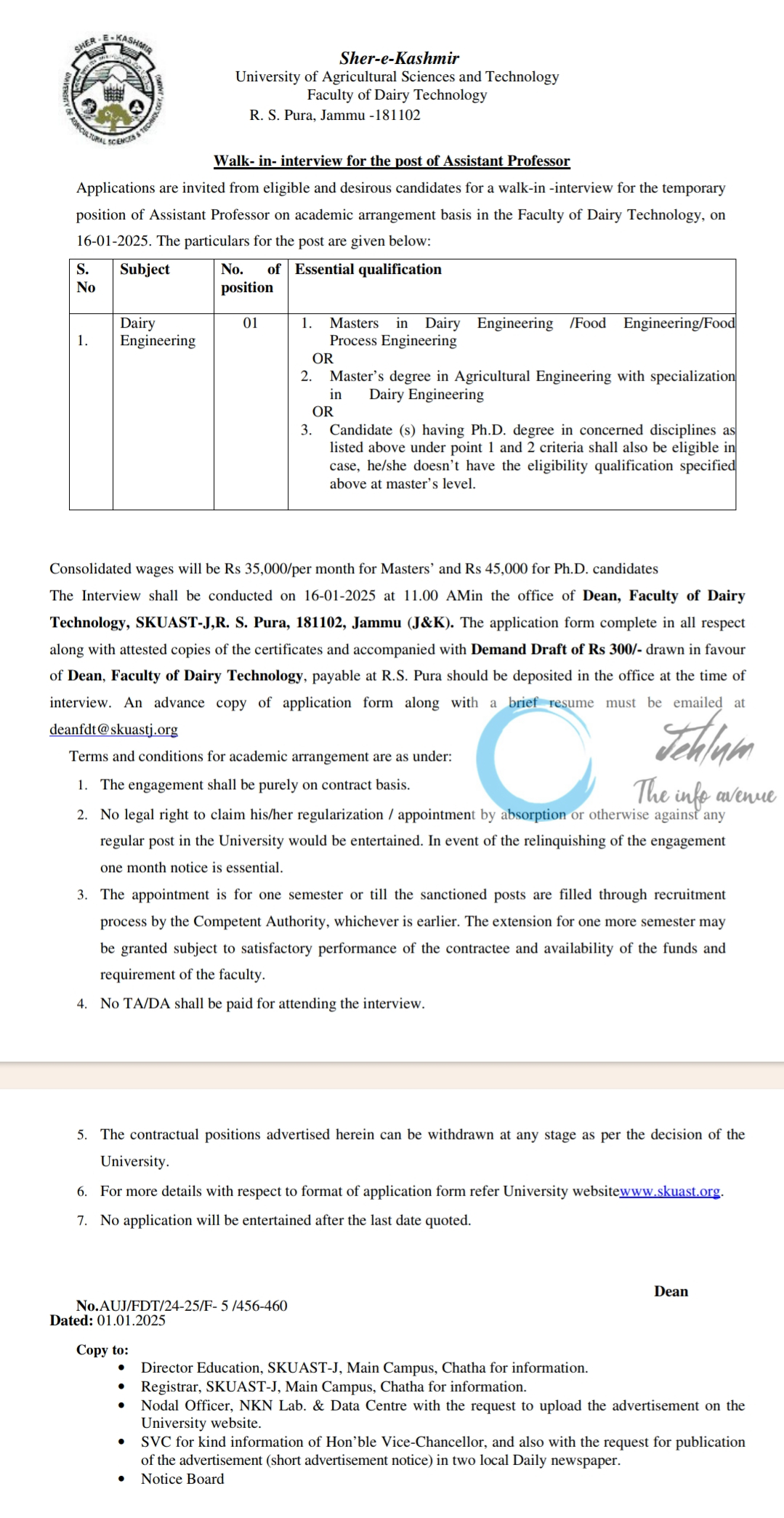 SKUAST Jammu Faculty of Dairy Technology Assistant Professor Walk-in-interview Advertisement Notice 2025