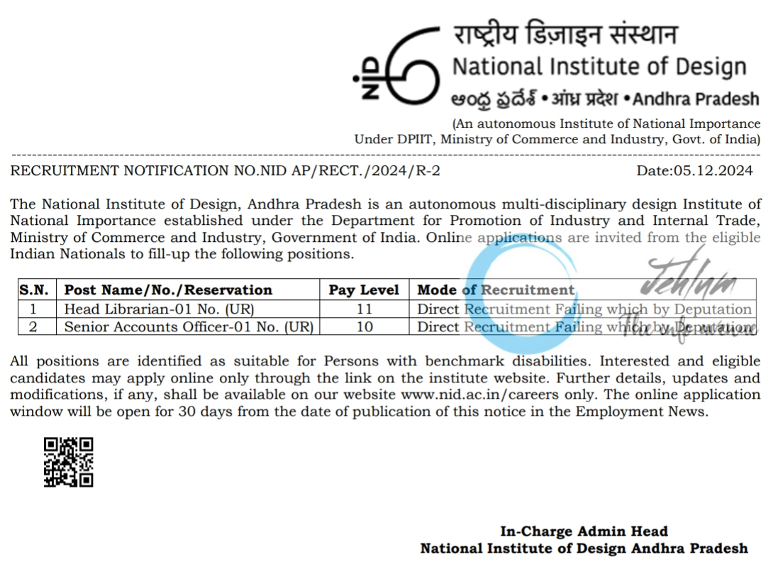 NATIONAL INSTITUTE OF DESIGN RECRUITMENT NOTIFICATION NO NID AP/RECT/2024/R-2