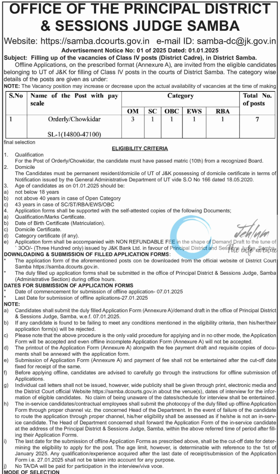 DISTRICT & SESSIONS JUDGE SAMBA CLASS IV POSTS ADVERTISEMENT NOTICE NO 01 OF 2025