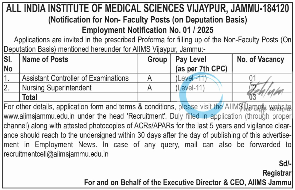 AIIMS JAMMU NON-FACULTY POSTS EMPLOYMENT NOTIFICATION NO 01 / 2025