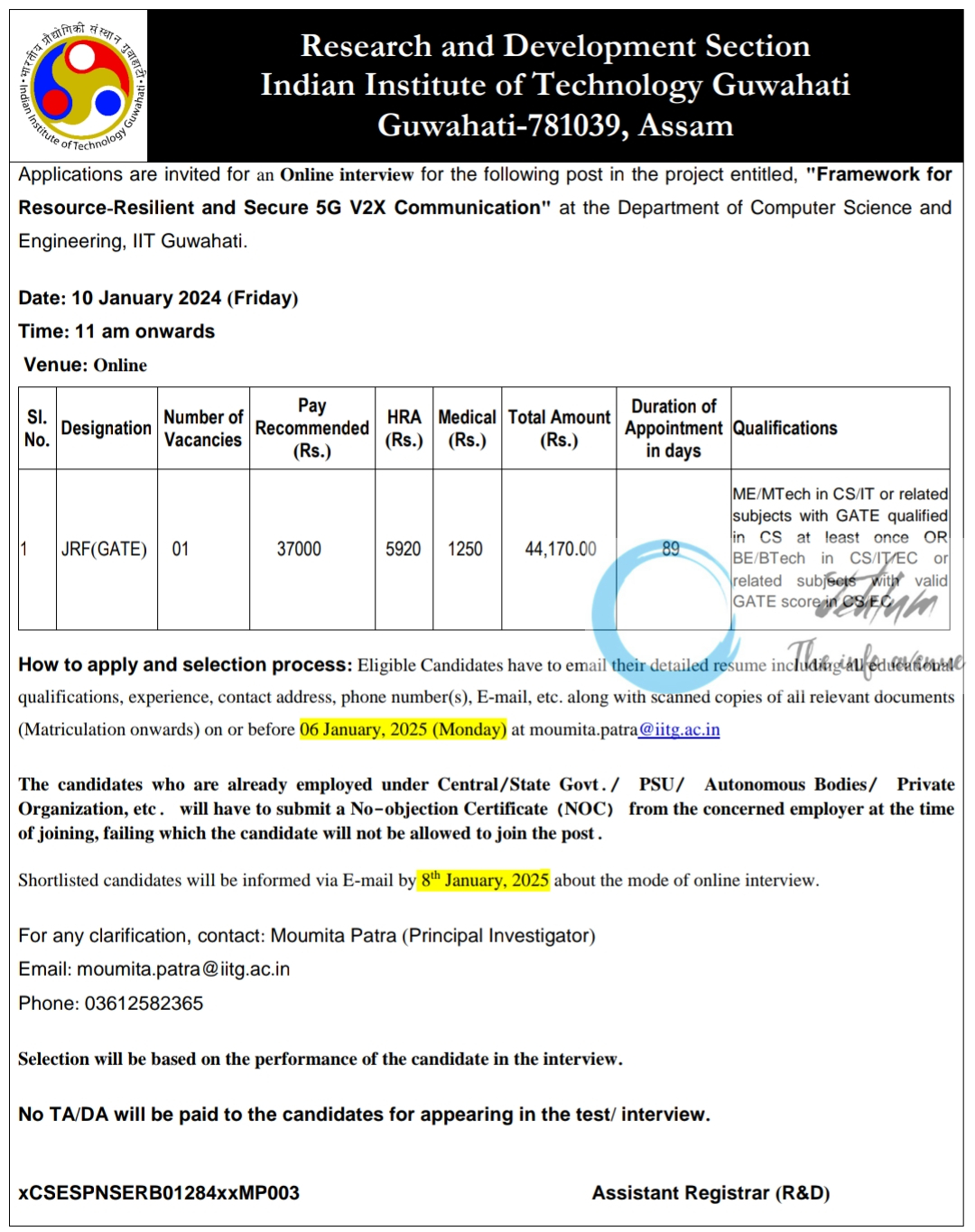 IIT Guwahati Deptt of Computer Science and Engineering JRF Advertisement Notice 2025