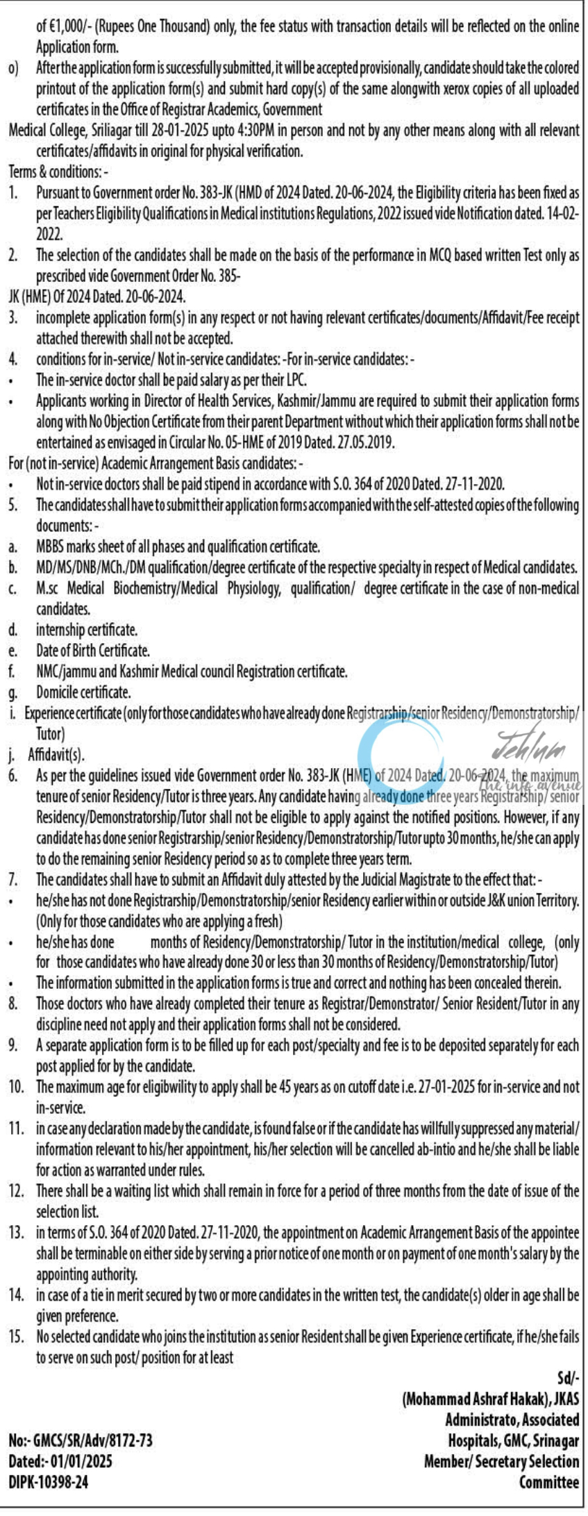 GMC SRINAGAR ACADEMIC ARRANGEMENT ADVERTISEMENT NOTICE NO 01 OF 2025