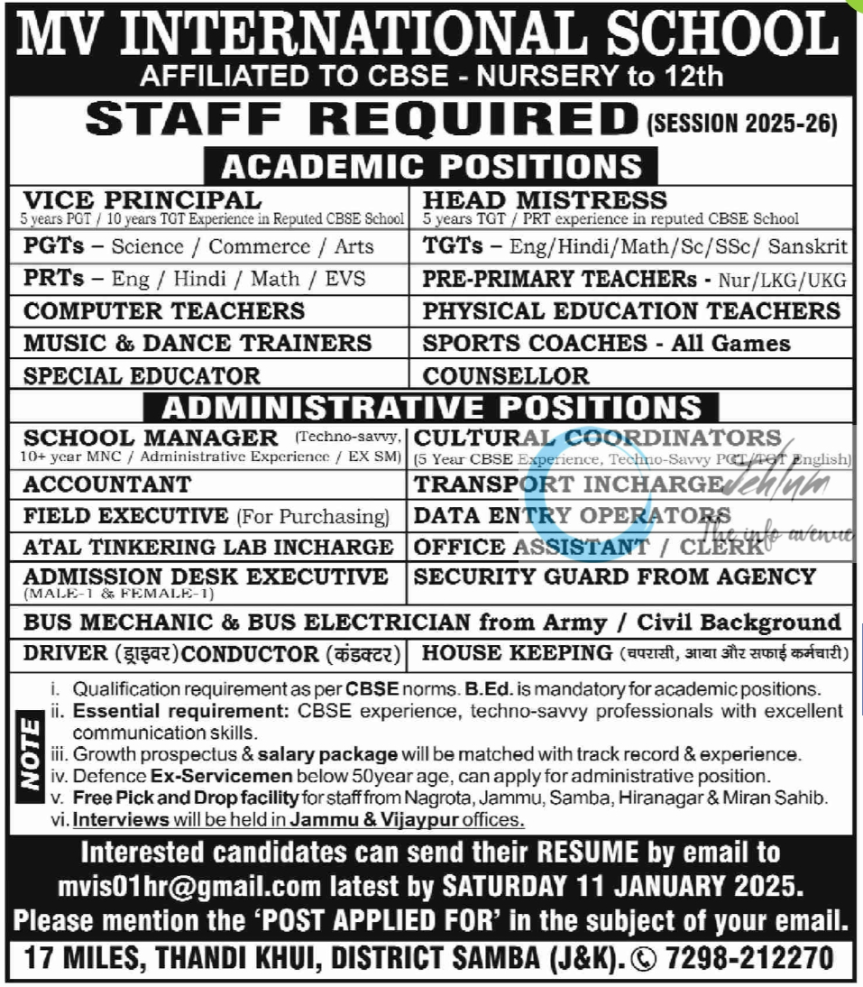 MV INTERNATIONAL SCHOOL SAMBA TEACHING JOBS ADVERTISEMENT 2024