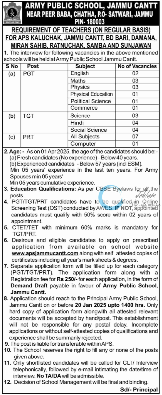 ARMY PUBLIC SCHOOL APS JAMMU CANTT TEACHERS RECRUITMENT ADVERTISEMENT NOTICE 2025