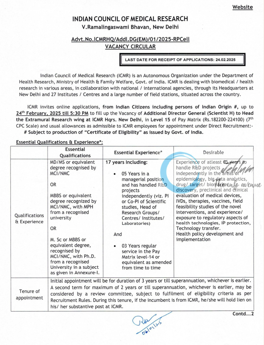 ICMR VACANCY CIRCULAR ADVT NO ICMRHQ/Addl DG(EM)/01/2025-RPCell