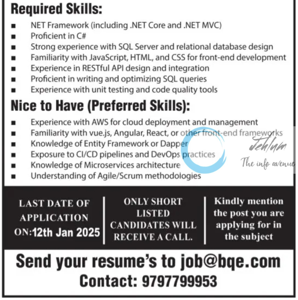 BQE SOFTWARE SRINAGAR DOTNET DEVELOPER JOBS OPENINGS 2025