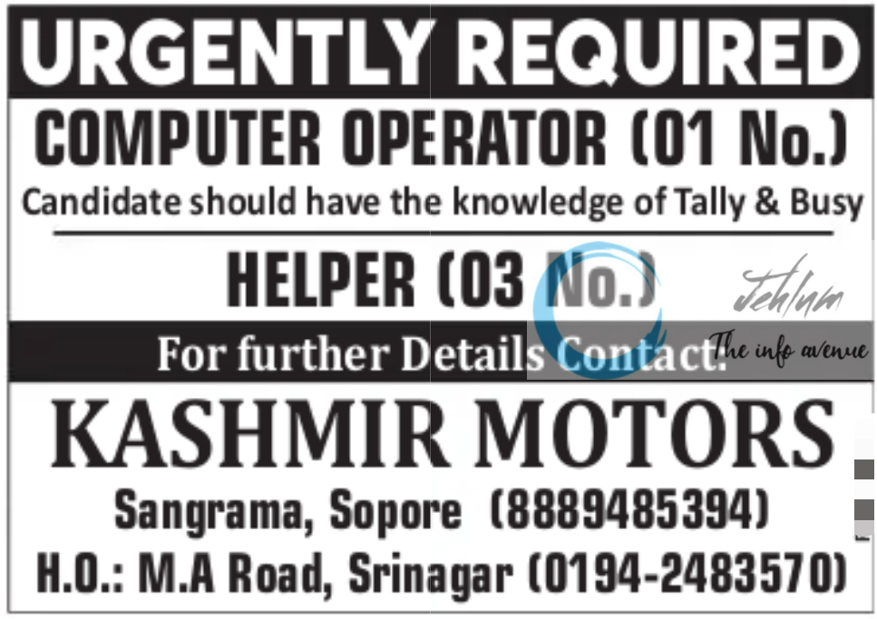 KASHMIR MOTORS SOPORE JOBS OPENINGS 2025