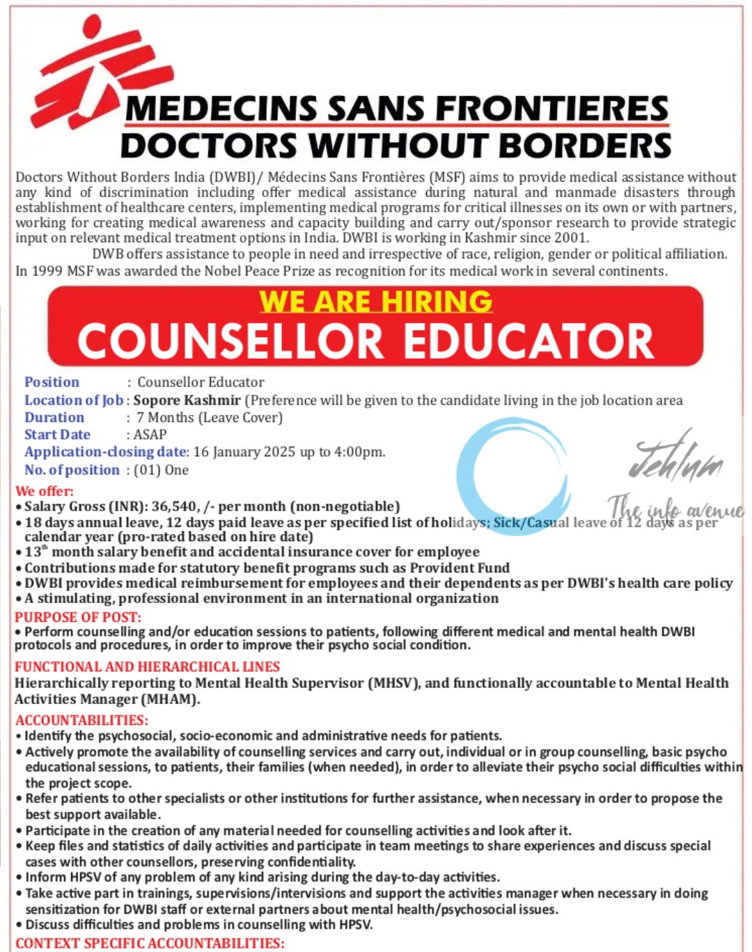 MEDECINS SANS FRONTIERES DOCTORS WITHOUT BORDERS MSF/DWBI COUNSELLOR EDUCATOR RECRUITMENT NOTICE 2025