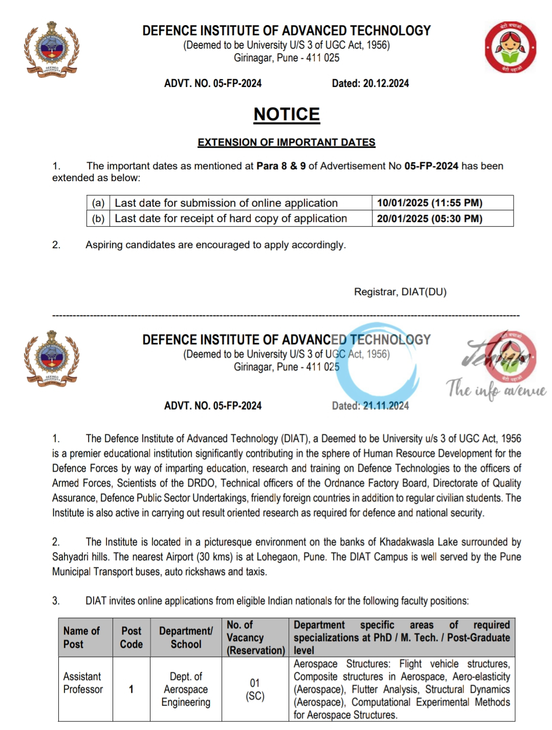 DEFENCE INSTITUTE OF ADVANCED TECHNOLOGY DIAT RECRUITMENT ADVT NO 05-FP-2024