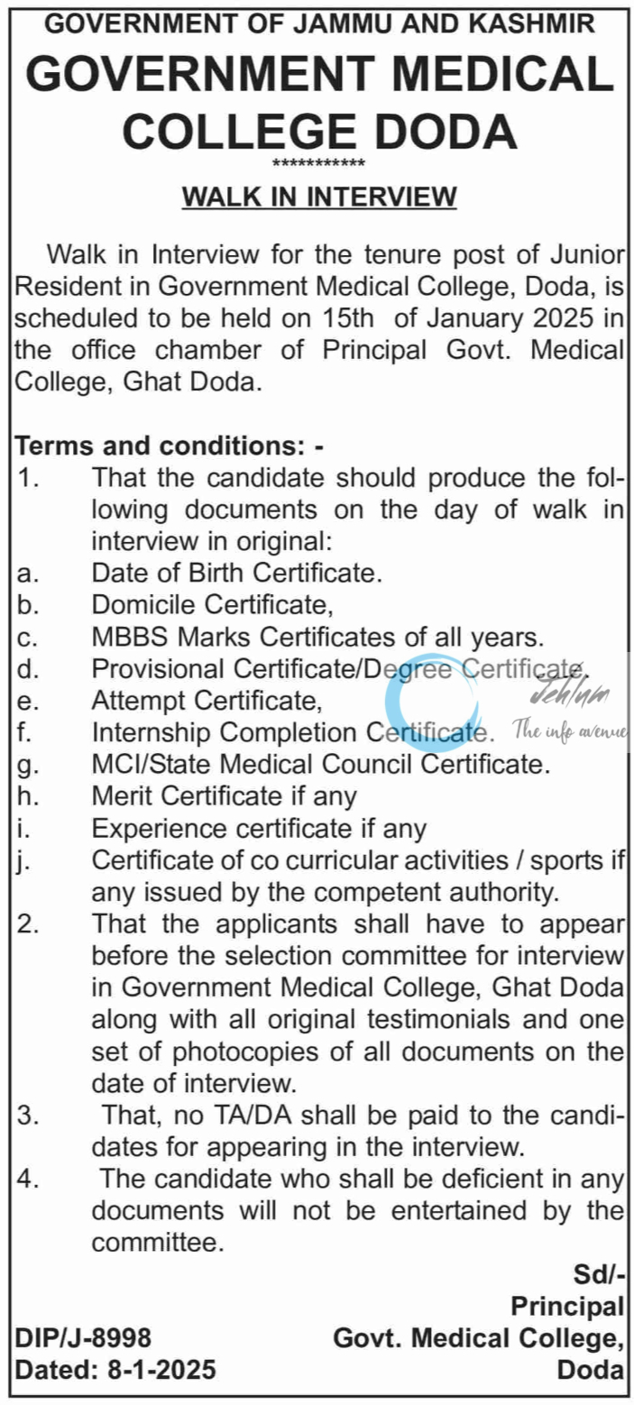 GMC DODA JUNIOR RESIDENT WALK IN INTERVIEW NOTIFICATION 2025