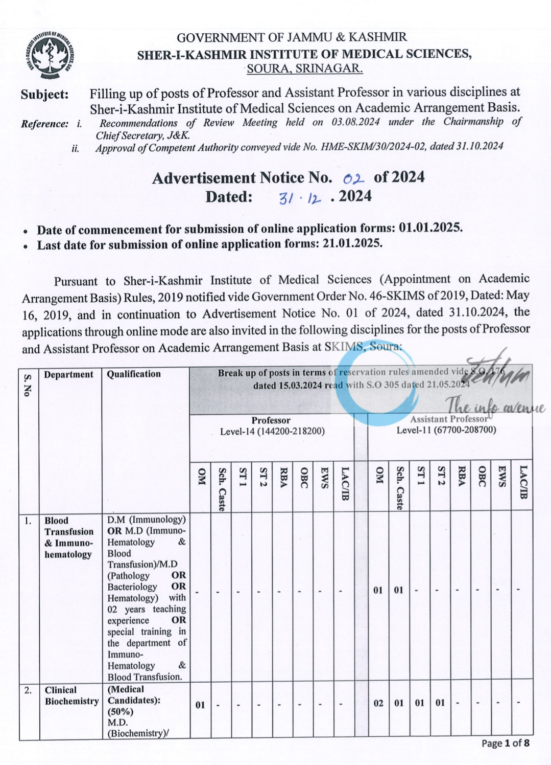 SKIMS SOURA SRINAGAR ACADEMIC ARRANGEMENT ADVERTISEMENT NOTICE NO 02 OF 2024