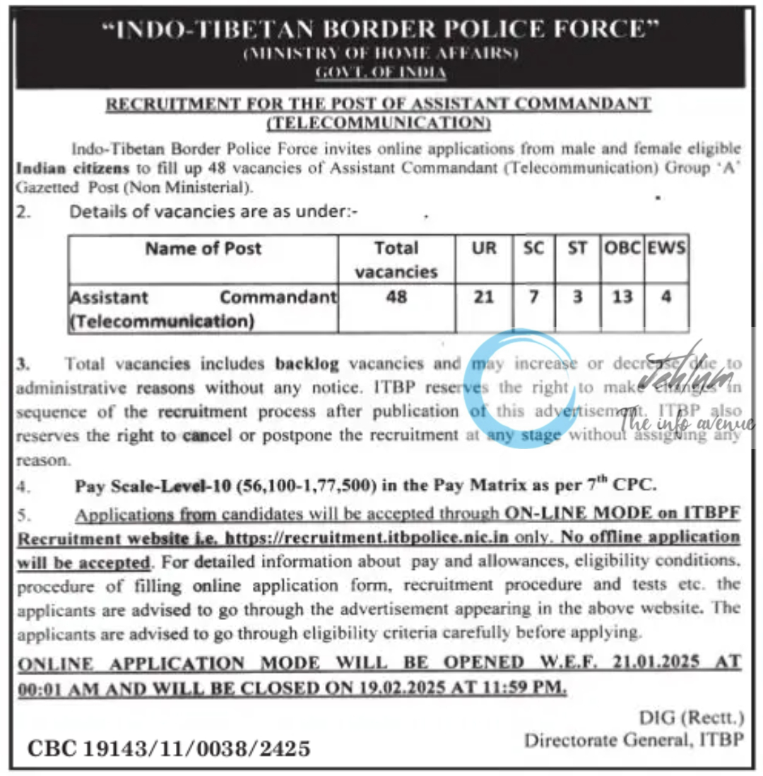 INDO-TIBETAN BORDER POLICE ITBP FORCE ASSISTANT COMMANDANT RECRUITMENT ADVERTISEMENT NOTICE 2025 (TELECOMMUNICATION)