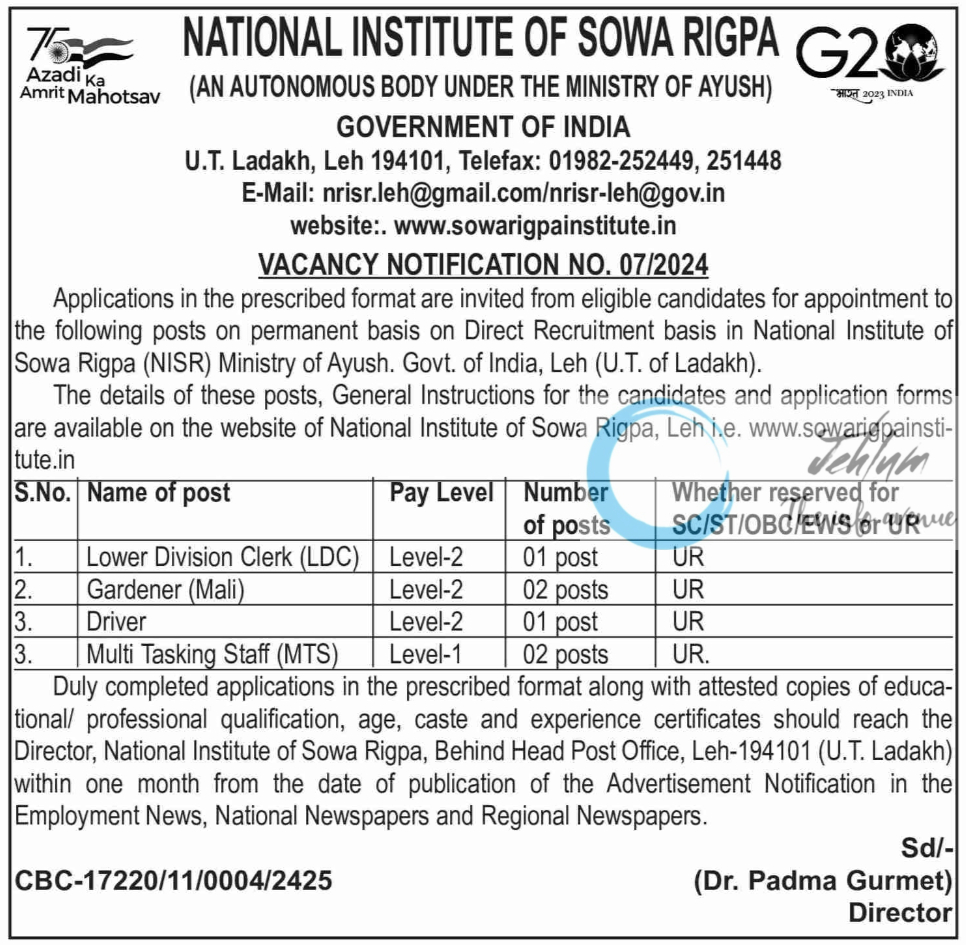 NATIONAL INSTITUTE OF SOWA RIGPA VACANCY NOTIFICATION NO 07/2024