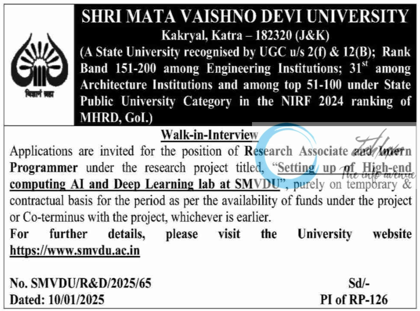 SHRI MATA VAISHNO DEVI UNIVERSITY KATRA Walk-in-Interview Advertisement Notice No SMVDU/R&D/2025/65