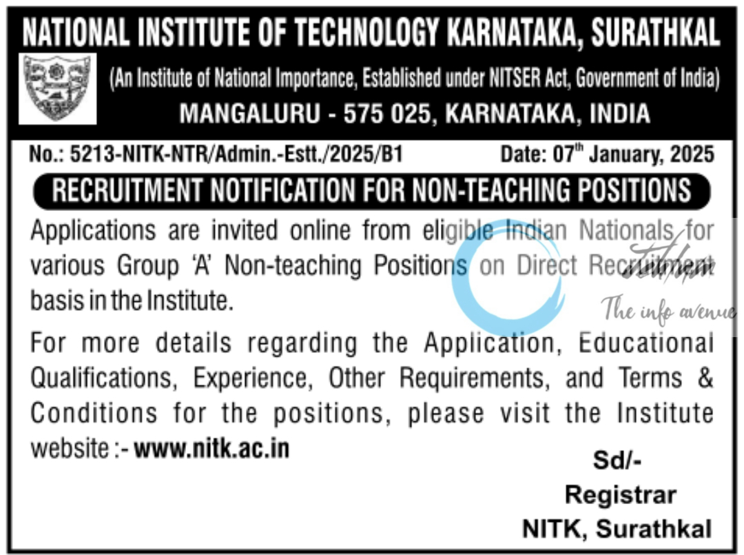 NIT SURATHKAL NON-TEACHING RECRUITMENT ADVT NO 5213-NITK-NTR/Admin-Estt./2025/B1