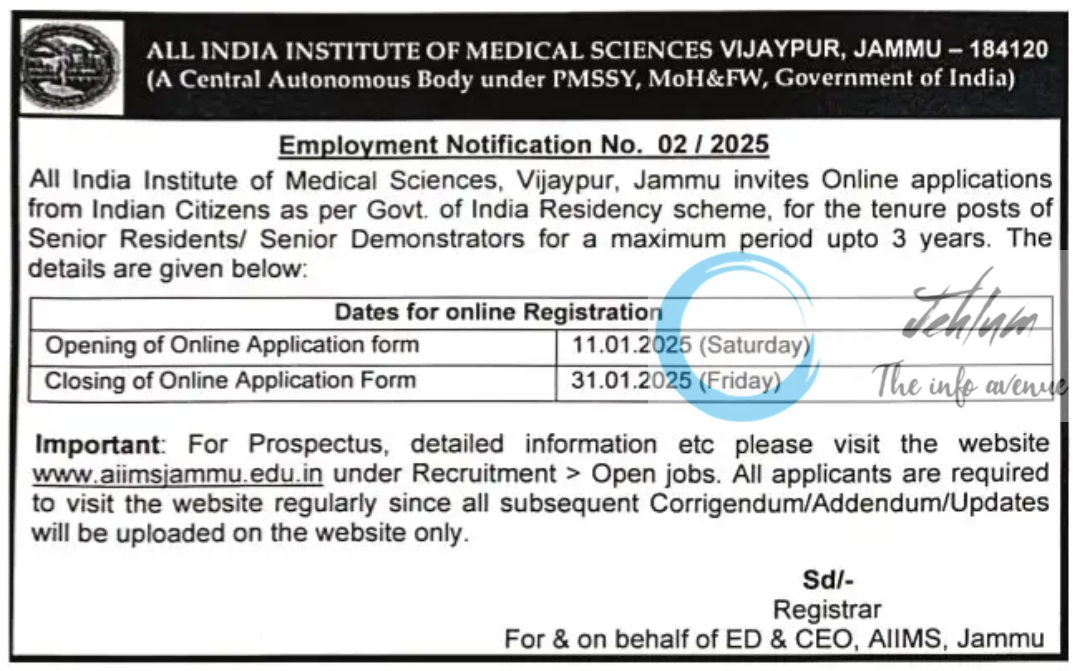 AIIMS JAMMU Senior Residents/ Senior Demonstrators Recruitment Employment Notification No 02/2025