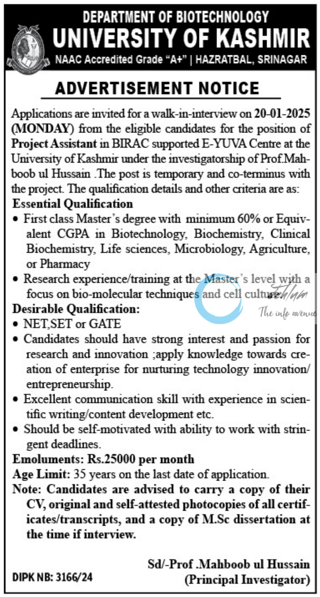 UNIVERSITY OF KASHMIR DEPTT OF BIOTECHNOLOGY PROJECT ASSISTANT ADVERTISEMENT NOTICE 2025