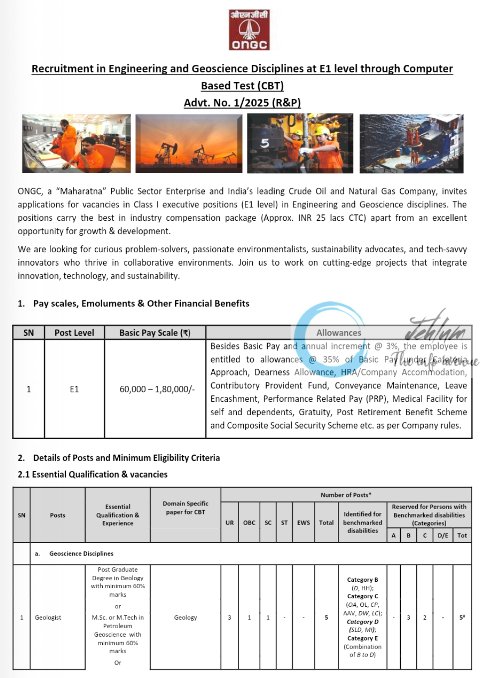 ONGC Engineering and Geoscience Disciplines Recruitment Advt No 1/2025