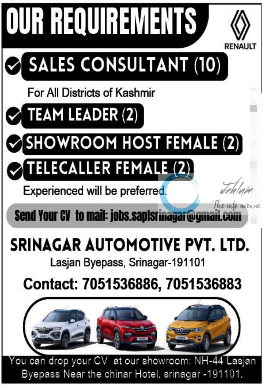 SRINAGAR AUTOMOTIVE PVT LTD JOBS OPENINGS 2025