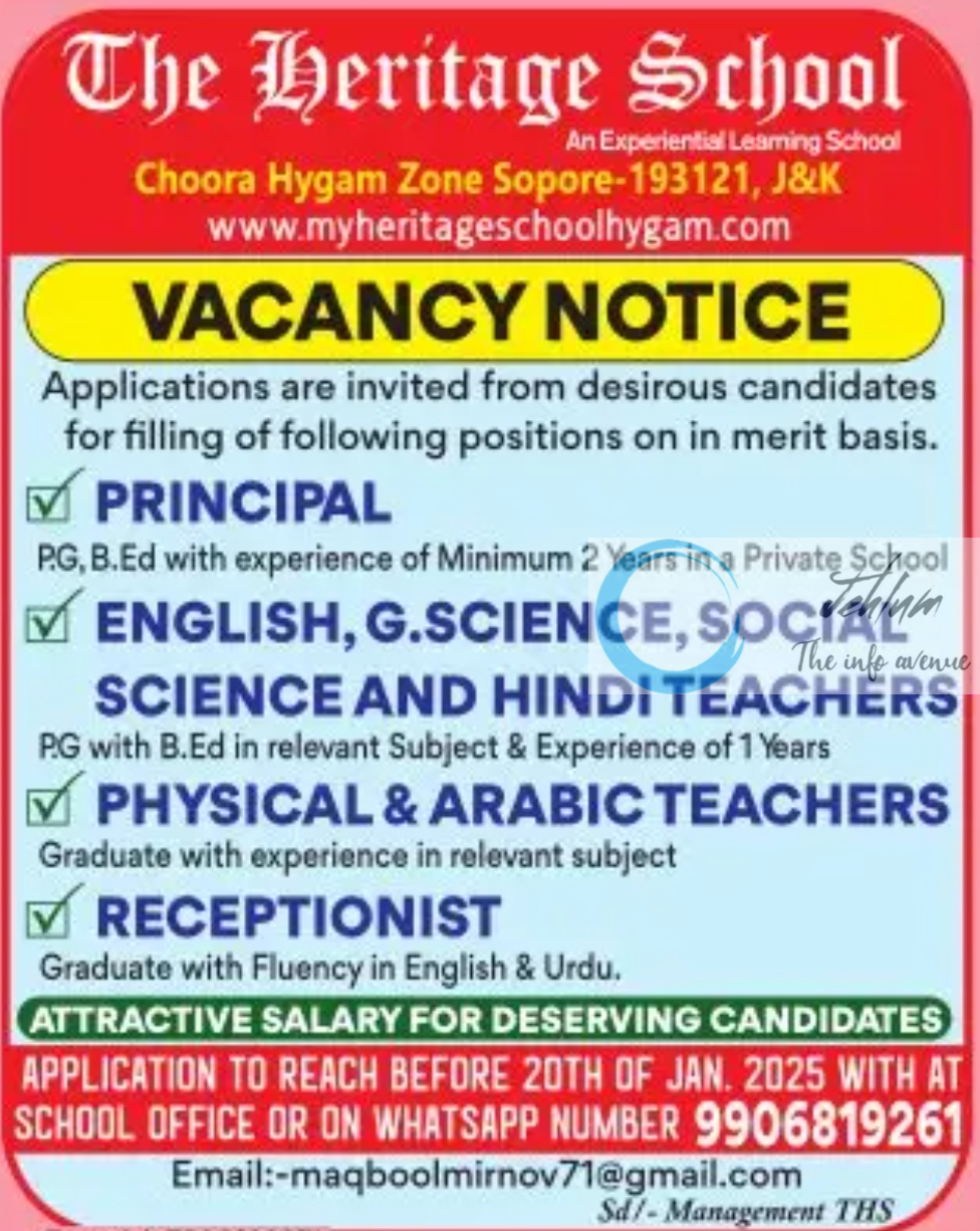 The Heritage School Sopore Jobs Vacancy Notice 2025