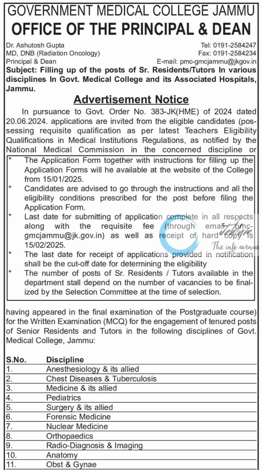 GMC JAMMU Sr Residents/Tutors Recruitment Advertisement Notice 2025