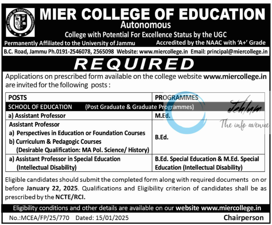 MIER COLLEGE OF EDUCATION MCE JAMMU JOBS OPENINGS 2025