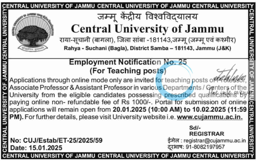 Central University of Jammu Teaching Recruitment Employment Notification No 25