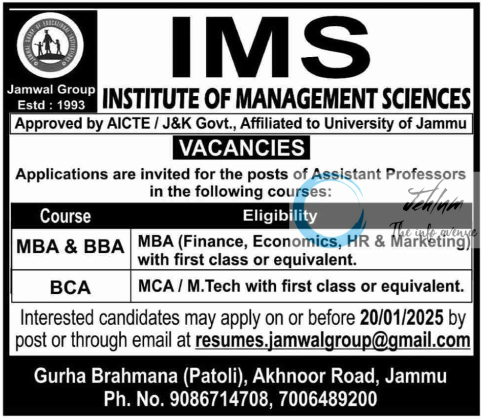 INSTITUTE OF MANAGEMENT SCIENCES IMS JAMMU JOBS VACANCIES 2025