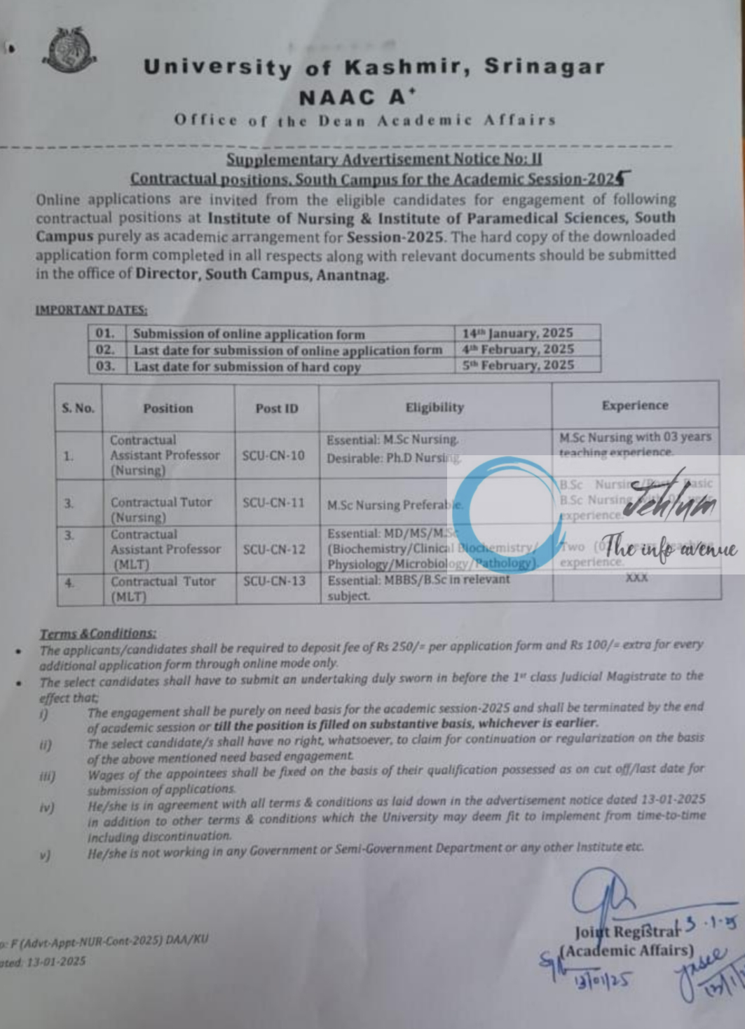 University of Kashmir South Campus Supplementary Advertisement Notice No II Academic Session-2025