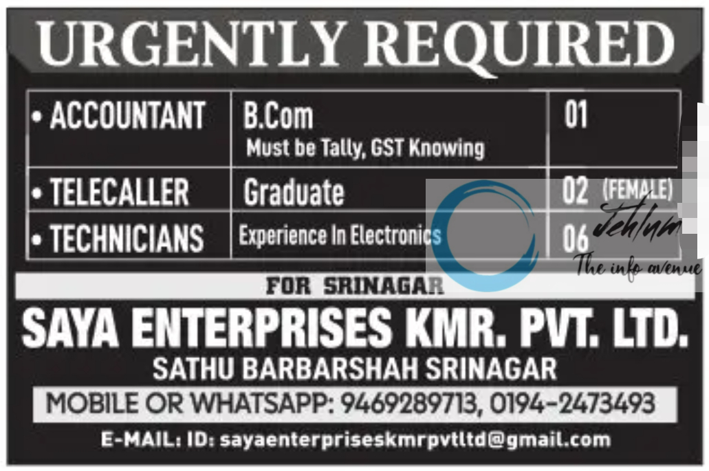 SAYA ENTERPRISES KMR PVT LTD SRINAGAR JOBS 2025