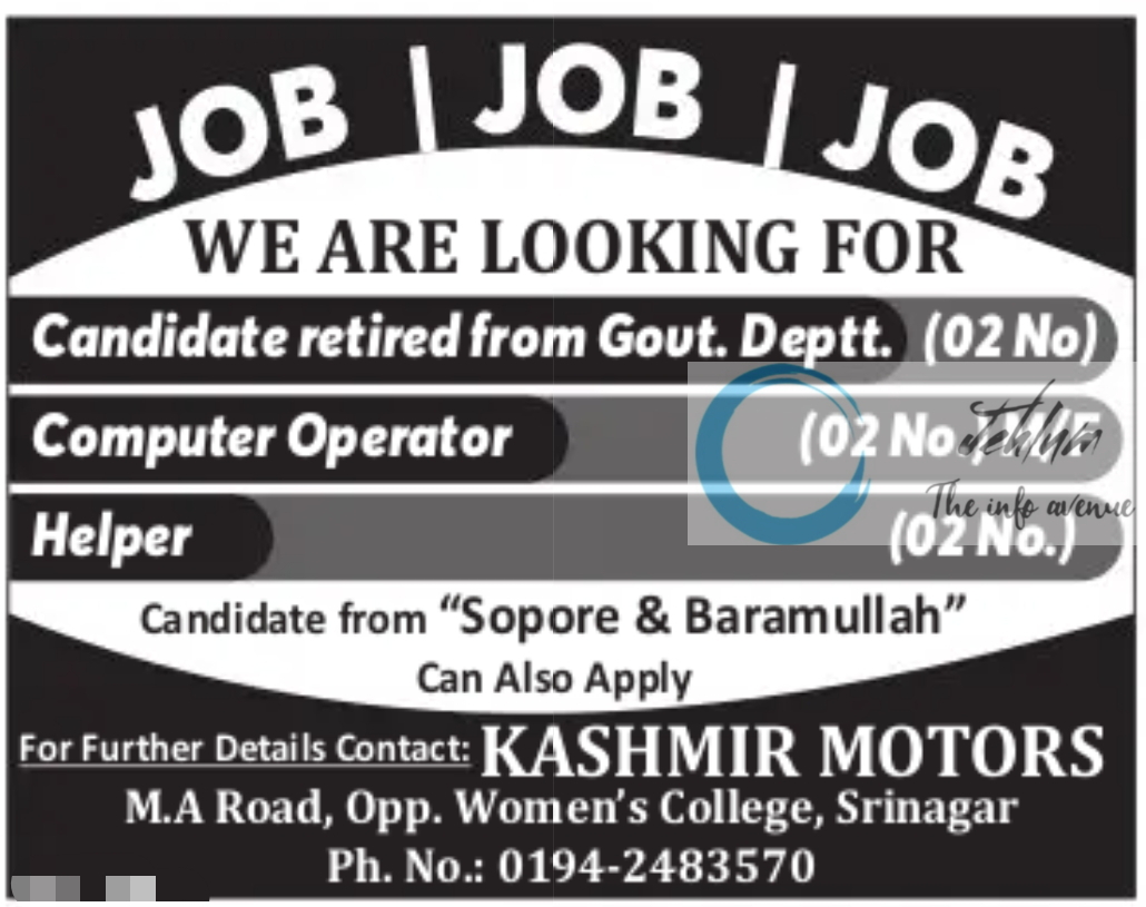 KASHMIR MOTORS SRINAGAR JOBS OPENINGS 2025