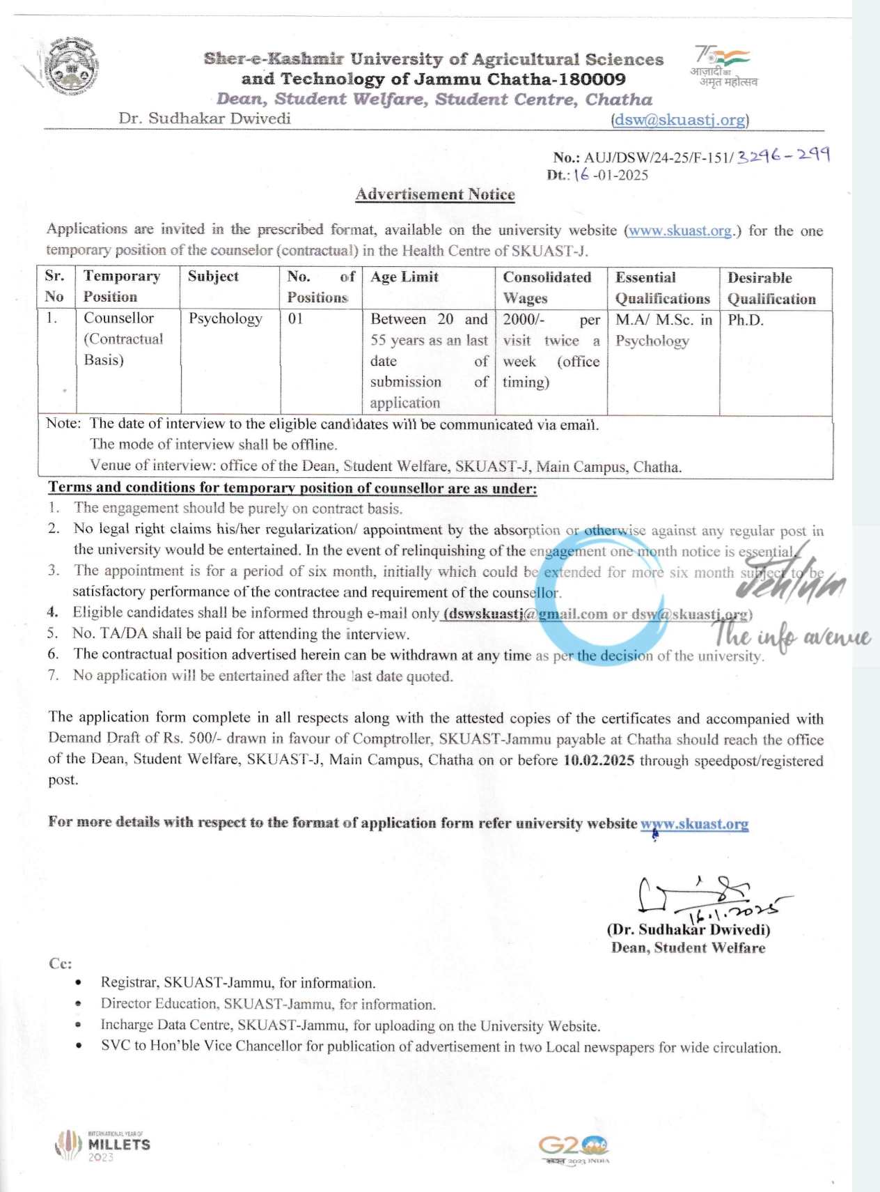 SKUAST Jammu Health Centre Counselor Recruitment Advertisement Notice 2025