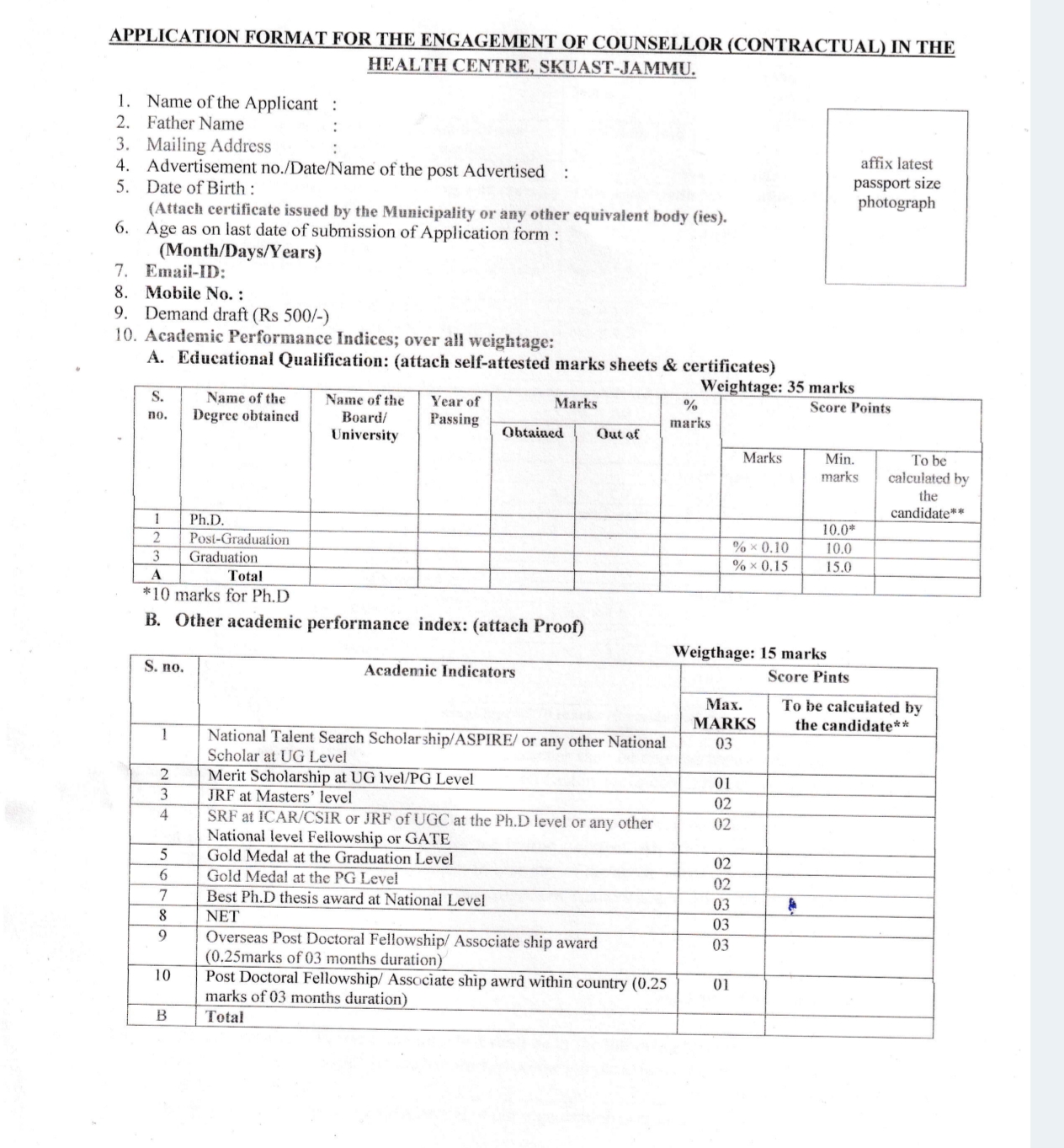 SKUAST Jammu Health Centre Counselor Recruitment Advertisement Notice 2025