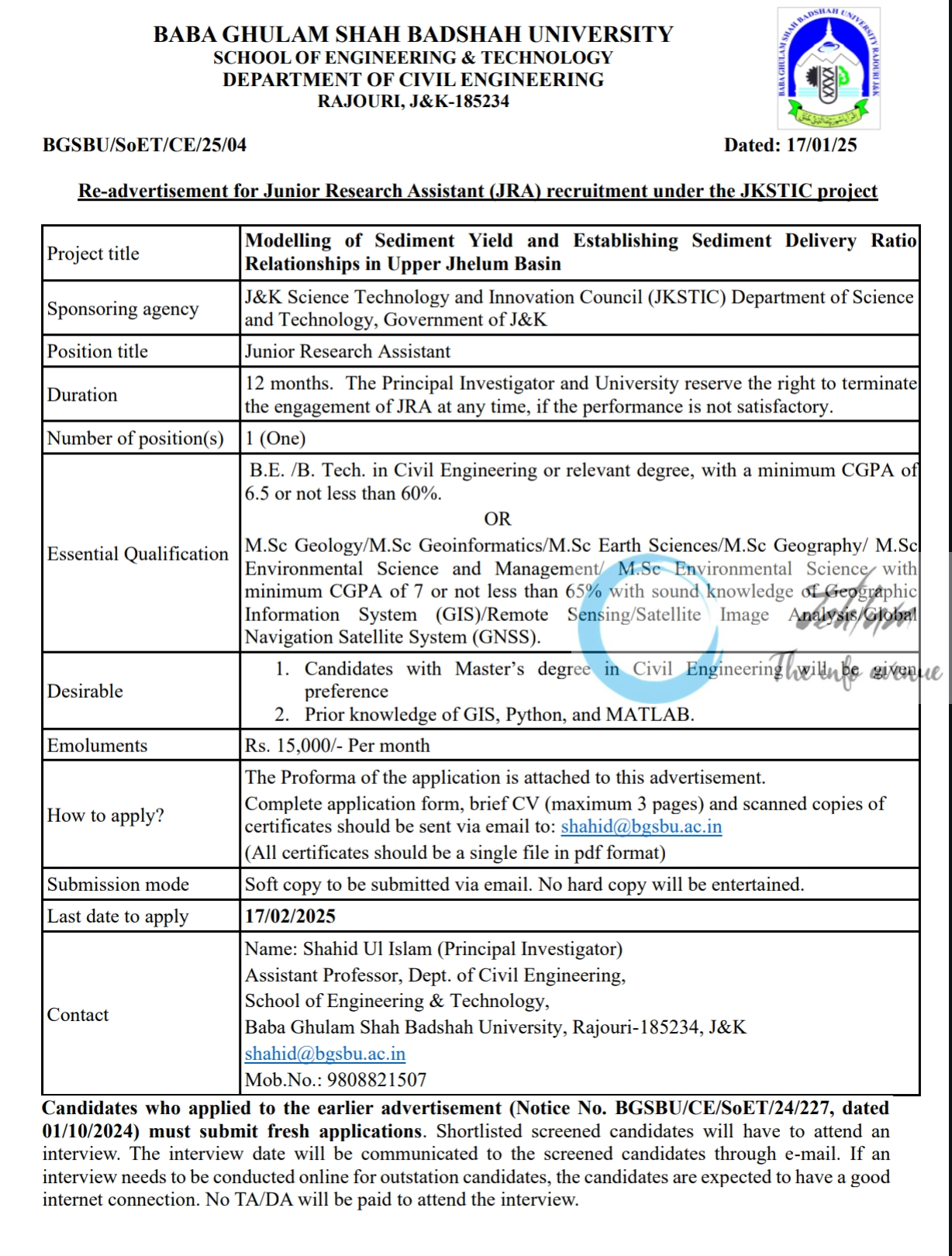 BGSBU RAJOURI DEPT OF CIVIL ENGINEERING JRA RE-ADVERTISEMENT NOTIFICATION BGSBU/SOET/CE/25/04